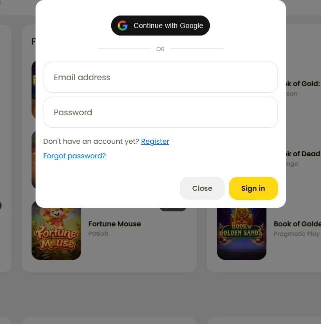 Login-Maske von Orozino Casino